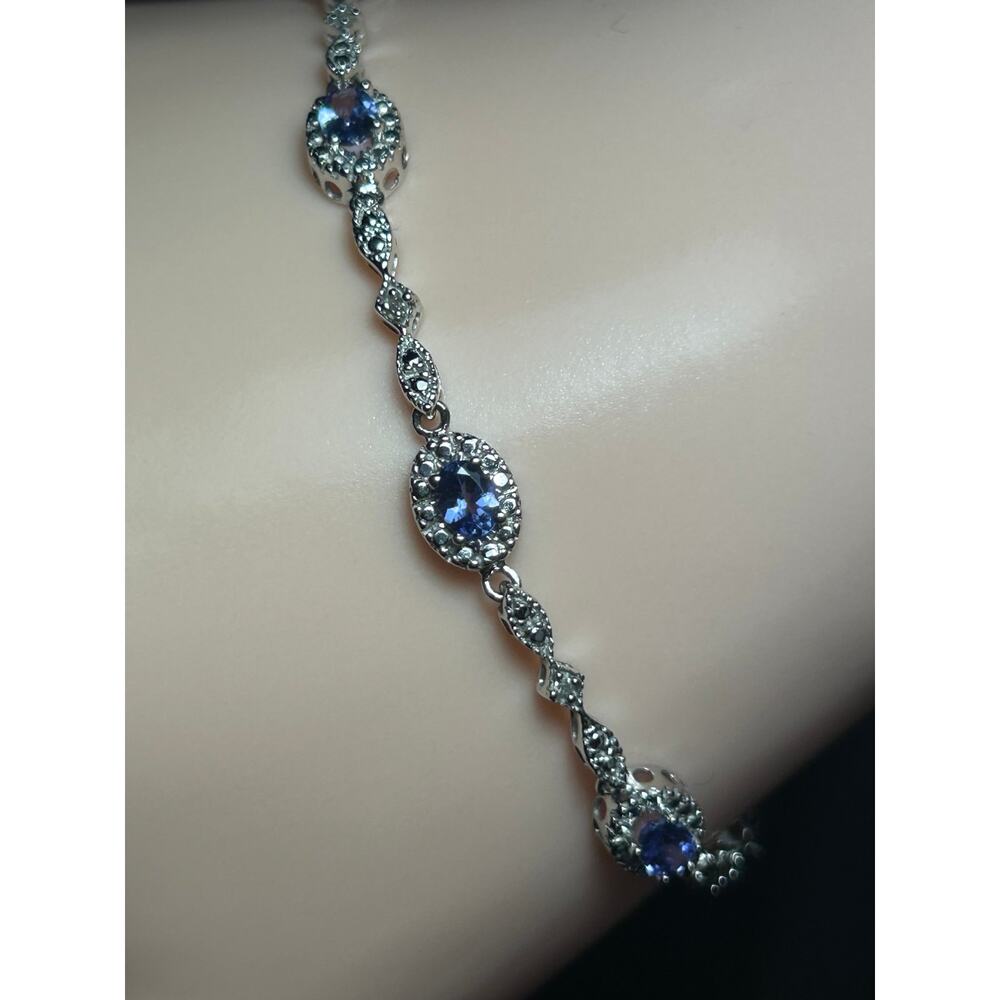 10k solid white gold tanzanite and diamonds accented link bracelet fine jewelry